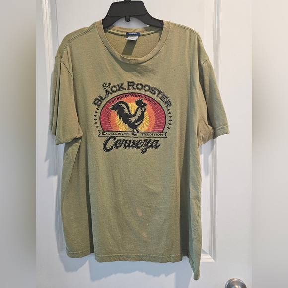 XL Big Black Rooster Cerveza Graphic T-Shirt Retro Y2K Green Distressed Thrashed - Picture 9 of 10